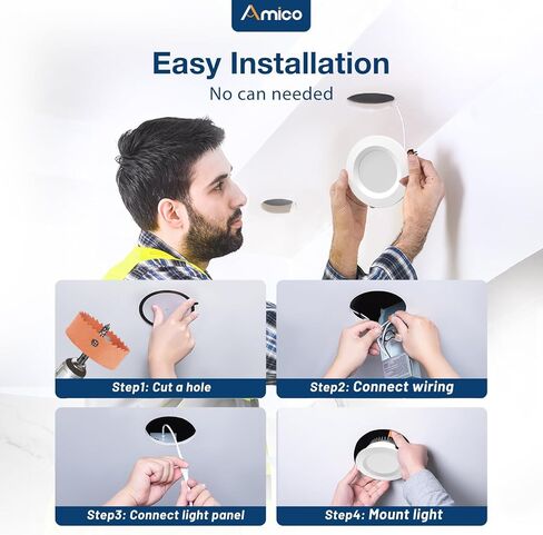 Amico 12 حزمة 2 بوصة 5CCT رفيعة للغاية LED بدون علبة ضوء سقف مجوف مع صندوق توصيل، 2700K/3000K/3500K/4000K/5000K قابلة للاختيار، CRI90+، 6W=40W، 350LM، إضاءة سفلية من رقاقة بدون كانل قابلة للتعتيم-ETL&FCC in Saudi Arabia
