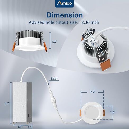 Amico 12 حزمة 2 بوصة 5CCT رفيعة للغاية LED بدون علبة ضوء سقف مجوف مع صندوق توصيل، 2700K/3000K/3500K/4000K/5000K قابلة للاختيار، CRI90+، 6W=40W، 350LM، إضاءة سفلية من رقاقة بدون كانل قابلة للتعتيم-ETL&FCC in Saudi Arabia