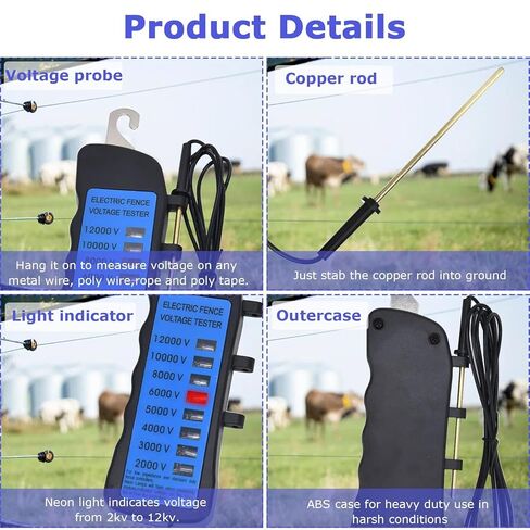 Electric Fence Tester, 12KV Max Fault Finder & Voltage Meter with 8 Neon Lights, Non-Contact Voltage Detector for Agricultural Electric Fences, Battery-Free Portable Tool for Livestock Farm Garden Use in Saudi Arabia