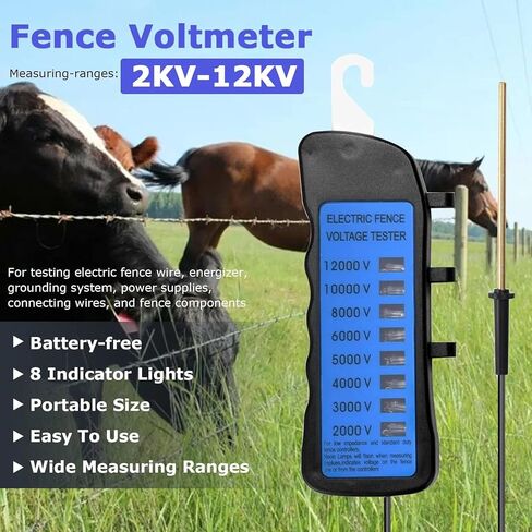 Electric Fence Tester, 12KV Max Fault Finder & Voltage Meter with 8 Neon Lights, Non-Contact Voltage Detector for Agricultural Electric Fences, Battery-Free Portable Tool for Livestock Farm Garden Use in Saudi Arabia