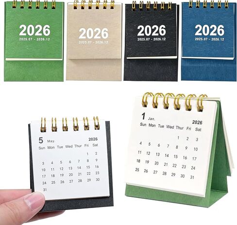 Mini Desk Calendar 2025-2026,4Pack Small Desk Calendar,Runs from July 2025 to Dec 2026 Monthly Planner Calendar Gold Twin-Wire Binding for Home Office School (Black Green Blue Beige) in Kuwait