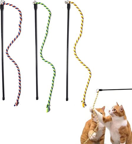 IUHKBH Cat Wands، 3 قطع لعبة دعابة ملونة مصنوعة يدويًا من عصا الغابة الخوص للقطط لعبة تفاعلية للقطط لإثراء القطط الداخلية، لعبة كيتي آمنة لجميع أحجام السلالات in Kuwait