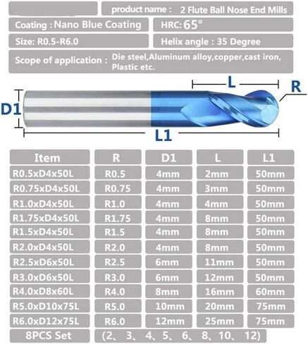1 قطعة نانو الأزرق معطف الكرة الأنف نهاية مطحنة CNC بت التوجيه HRC 65 2 الناي دوامة نهاية مطحنة التنغستن قاطع من الكربيد أداة طحن in Kuwait