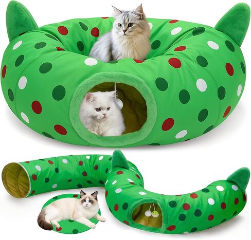 Cat Tunnel Christmas Tree Skirt, 3ft x 3ft x 9.8in Cat Tunnels for Indoor Cats, Red and Green Dot Cat Donut Tunnel with Hanging Ball and Cat Ears, Kitten Toys for Indoor Kittens Puppy Rabbit in Kuwait