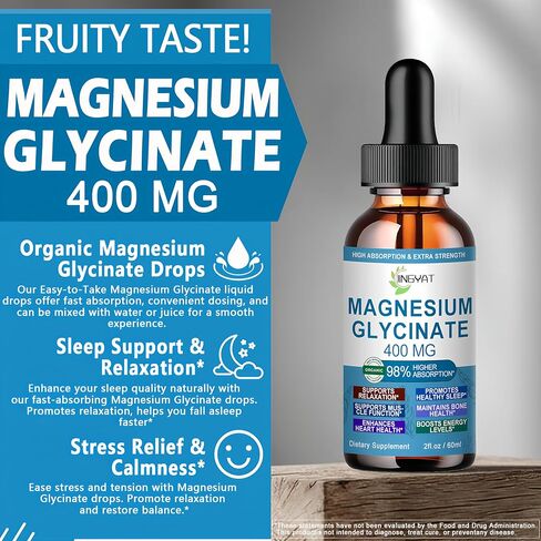 Pure Magnesium Glycinate Drops | High Absorption Liquid Magnesium Glycinate 400mg Support Sleep,Nerve & Bone Health | Magnesium Bisglycinate Chelate for Women & Men | Vegan,Non-GMO,Fast-Acting Formula in Saudi Arabia