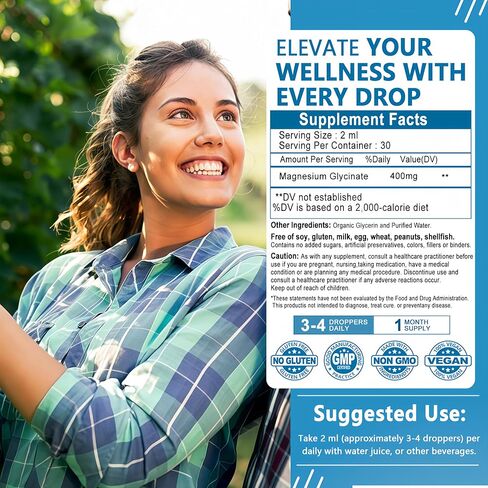 Pure Magnesium Glycinate Drops | High Absorption Liquid Magnesium Glycinate 400mg Support Sleep,Nerve & Bone Health | Magnesium Bisglycinate Chelate for Women & Men | Vegan,Non-GMO,Fast-Acting Formula in Saudi Arabia
