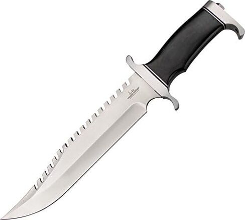 سكين GIL HIBBEN Extreme Survival Bowie مع غمد حزام جلدي - شفرة منشار من الفولاذ المقاوم للصدأ 7Cr17، واقي يدوي ضخم وبوميل، مقبض من Pakkawood، خذ إلى البرية - الطول 15 بوصة in Kuwait