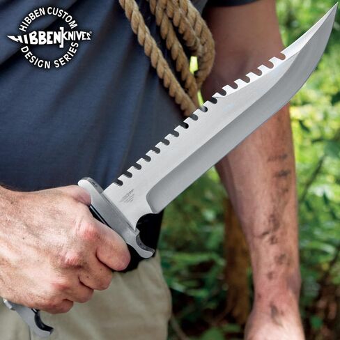 سكين GIL HIBBEN Extreme Survival Bowie مع غمد حزام جلدي - شفرة منشار من الفولاذ المقاوم للصدأ 7Cr17، واقي يدوي ضخم وبوميل، مقبض من Pakkawood، خذ إلى البرية - الطول 15 بوصة in Kuwait