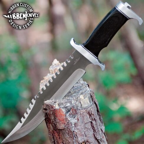 سكين GIL HIBBEN Extreme Survival Bowie مع غمد حزام جلدي - شفرة منشار من الفولاذ المقاوم للصدأ 7Cr17، واقي يدوي ضخم وبوميل، مقبض من Pakkawood، خذ إلى البرية - الطول 15 بوصة in Kuwait