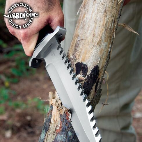 سكين GIL HIBBEN Extreme Survival Bowie مع غمد حزام جلدي - شفرة منشار من الفولاذ المقاوم للصدأ 7Cr17، واقي يدوي ضخم وبوميل، مقبض من Pakkawood، خذ إلى البرية - الطول 15 بوصة in Kuwait