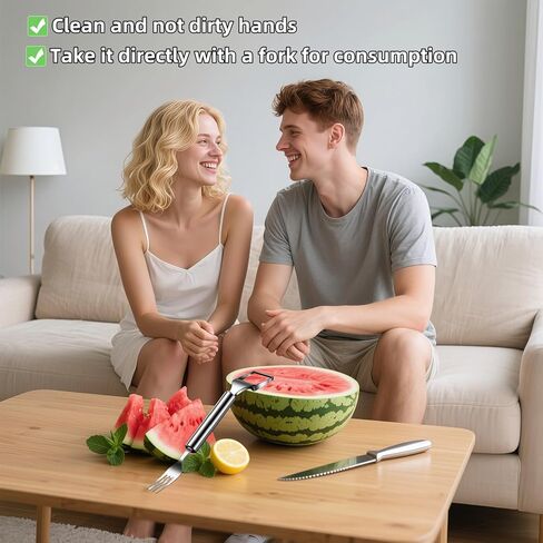 قطاعة وشوكة البطيخ من الفولاذ المقاوم للصدأ 2 في 1 | قطع سهل، تقديم، استمتع | أداة يجب اقتناؤها للمطبخ والتخييم لسلطة الفاكهة والحفلات والشواء | آمنة للاستخدام في غسالة الأطباق ومقاومة للصدأ in Kuwait