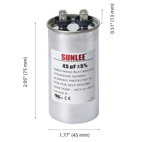 مكثف تشغيل SUNLEE UL معترف به 45 فائق التوهج (45 MFD) 370/440 VAC CBB65، 50/60 هرتز، بديل موثوق لمحرك مروحة مكثف التيار المتردد، المضخة الحرارية أو مضخة حمام السباحة in Kuwait