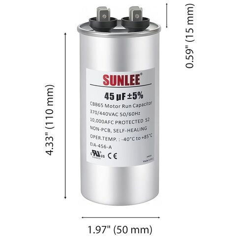 مكثف تشغيل SUNLEE UL معترف به 45 فائق التوهج (45 MFD) 370/440 VAC CBB65، 50/60 هرتز، بديل موثوق لمحرك مروحة مكثف التيار المتردد، المضخة الحرارية أو مضخة حمام السباحة in Kuwait
