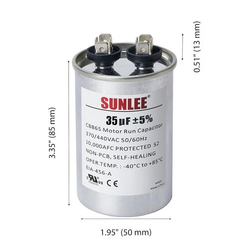 مكثف تشغيل SUNLEE UL معترف به 35 فائق التوهج (35 MFD) 370/440 VAC CBB65، 50/60 هرتز، بديل موثوق لمحرك مروحة مكثف التيار المتردد، المضخة الحرارية أو مضخة حمام السباحة in Saudi Arabia