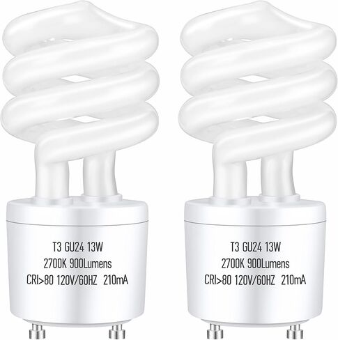 GU24 13Watt 2700K 900lm CFL Light Bulbs, T3 Spiral Gu24 Base 2 Prong (60W Equivalent) Soft White Compact Fluorescent Light Bulbs, UL Approved, 120v 60Hz, Self Ballasted, Indoor Use (2 Pack) in Saudi Arabia