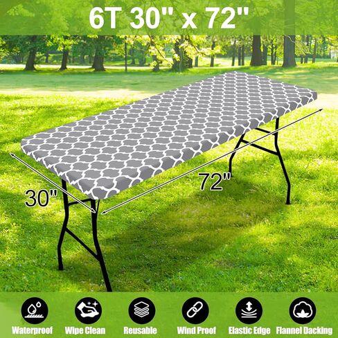 Smiry Rectangle Picnic Table Cloth, Waterproof Elastic Fitted Camping Tablecloths for 6 Foot Tables, Wipeable Flannel Backed Vinyl Tablecloth for Camping, Indoor & Outdoor (Grey, 30x72 Inches) in Saudi Arabia