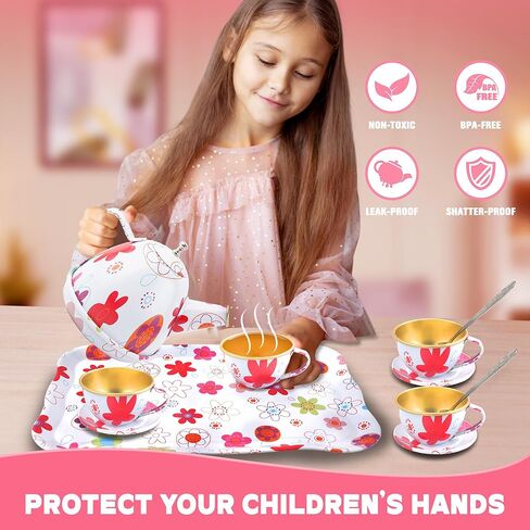 SMILESSKIDDO 15pcs Tea Party Set for Little Girls - Princess Tea Party Sets,Kids Kitchen Pretend Play Toys - Toddler Tea Party Sets for Girl 3-5, Girls Tea Party Set Gift for 3 4 5 6 7 8 Girl (Pink) in Kuwait