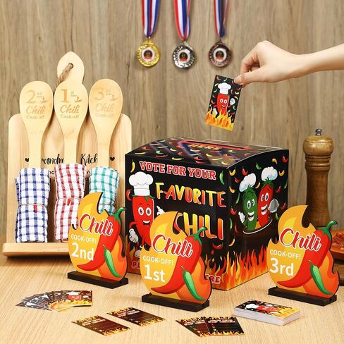 Sinload 60 جهاز كمبيوتر شخصى Chili Cook Off Kit Chili Cook Contest صندوق التصويت 50 بطاقة اقتراع 3 ميداليات 3 جوائز خشبية 3 ملاعق خشبية للطهي من لوازم الزينة in Saudi Arabia