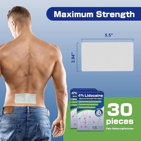 Uposiut 4% Lidocaine Pain Relief Patches 30 Count – Maximum Strength, 12 Hour Long Lasting, Flexible & Low Odor, for Back, Neck, Knee & Shoulder - 002AB in Kuwait