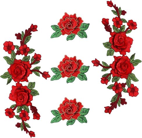 5Pcs Rose Flower Embroidered Patches, Red Rose Appliques Embellishments, Red Flower Fabric Patches Sew on for Jeans DIY Crafts Making Bags Decoration Jackets Dress Decor in Saudi Arabia