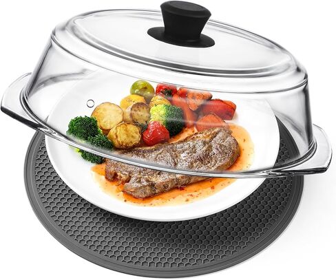 2 في 1، غطاء زجاجي طويل لرش الميكروويف للطعام والميكروويف، غطاء حماية من رش الطبق مع مقبض من السيليكون، غطاء طبق تقديم أدوات الطبخ والخبز، درجة الطعام، بدون بلاستيك، 10 بوصات in Kuwait