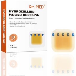 Dr. Med Hydrocolloid Wound Dressing 2"x2"-10 Pack/Box, Waterproof Adhesive Bordered Bandage, for Light Exudate, Abrasions, Pressure Ulcer, Bed Sore, Superficial Wound Care