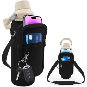Water Bottle Holder with Phone Pocket for 24oz Stanley IceFlow Fast Flow with Handle Bottle Carrier Bag with Drawstring, Carrying Strap, Non Slip Shoulder Strap for Stanley Cup (Black)