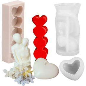 TOPYS 3Pcs Valentine's Day Silicone Candle Molds, 3D Romantic Couple Portrait Lovers Mold, 3D Heart Mold and 5 Cavity Love Heart Strip Mold for Handmade Wedding Party Art Candle Home Decoration