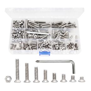 binifiMux 230pcs M5-0.8 x 6mm/8mm/10mm/12mm/16mm/20mm/25mm/30mm Flat Countersunk Head Phillips Screws with M5 Hex Nuts Kit, 304 Stainless Steel / A2-70/18-8, Full Thread, Plain Finish