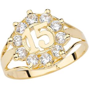 Elegant 14k Yellow Gold CZ Quinceanera Ring (Size 6)