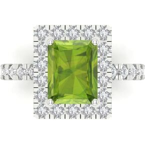 Clara Pucci 4 Brilliant Emerald Cut Solitaire W/Accent Halo Natural Green Peridot Anniversary Promise Wedding ring Solid 18K White Gold
