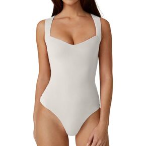 QINSEN Women's Sweetheart Neck Trendy Sleeveless Tank Top Stretch Bodycon Bodysuit Shirts