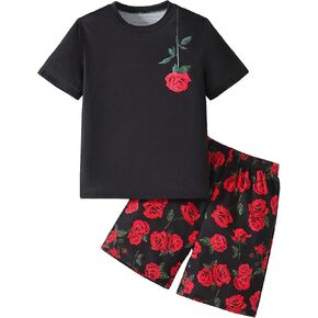 Boy's 2 Piece Outfits Floral Print Short Sleeve Crewneck T Shirt and Shorts Set Summer Outfits in Kuwait