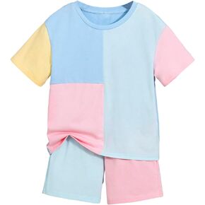 Verdusa Boy's 2 Piece Outfit Colorblock Short Sleeve Round Neck T Shirt and Shorts Set