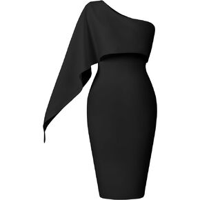 Memoriesea Women's Elegant One Shoulder Ruffle Bodycon Cocktail Party Midi Dress