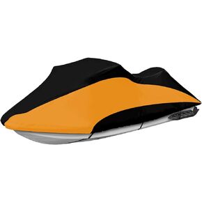 غطاء COVERVIN قابل للمقطورة جت سكي 300D غطاء PWC مقاوم للماء شديد التحمل مع فتحات شرائط عاكسة يناسب Seadoo Yamaha Honda Polaris 3 مقاعد 126 بوصة إلى 135 بوصة L (أسود وبرتقالي) in Kuwait