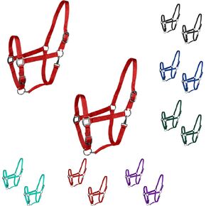 Majestic Ally Pack of 2 Adjustable Halter for Horses–Adjustable Chin and Crown– Sewn-in Throat Snap Hook- Heavy Duty Rose Gold or Black Nickel Finish Hardware–Full