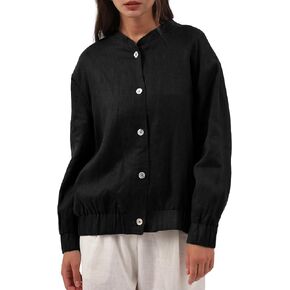Amazhiyu Womens Linen Button Down Bomber Jacket Long Sleeve Casual Coat for Fall