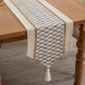 Table Runner Linear End, Boho Style with Tassels, Cotton & Linen, Farmhouse Home Decor for Living Room Dresser Scarfs (12x36inch, Black & Beige)