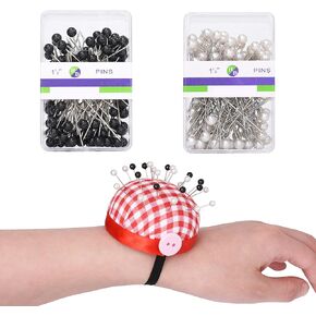 200 Pieces 1.5 Inch Pear Head Straight Pins and 1 Wrist Sewing Pincushion Wedding Decorating Tool Sewing Crafts