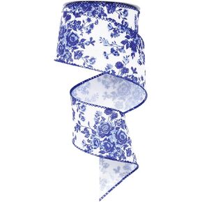Blue Floral Wired Ribbon 2.5 Inch Vintage Flower Ribbon for Bow Wreath Craft Gift Wrap Spring Holiday Wedding Birthday Party Home Decor
