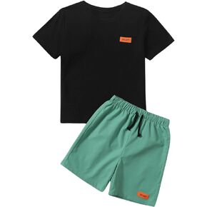 Boy's 2 Piece Outfit Casual Letter Short Sleeve Crewneck T Shirt and Drawstring Track Shorts Set