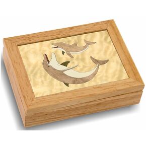 Wood Dolphin Gift Box - Trinket Organizer With Hinged Lid - Store Rings, Bracelets, Watches, Coins - Great Gift For Any Occasion - Birthdays, Christmas, Graduation - (#2115BH 6x8x2)