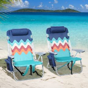 LET'S CAMP Backpack Beach Chair Set of 2, 4-Position Classic Lay Flat Support 250LBS, Storage Pouch and Towel Bar,Pillow and Padded Shoulder Straps, Wave Blue in Kuwait