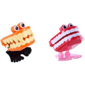 2Pcs Red and Yellow Wind-up Walking Teeth Toy with Eyes,Fun Toy for Party, Halloween, Christmas, Home Desktop Decoration,Novelty and Gag Toys