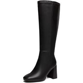 Women's Knee High Boots Faux Leather Square To Tall Boots Fashion Chunky Block Heel Long Boots with Side Zip