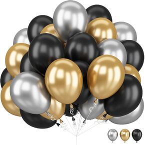 Black and Gold Balloons Set, 12 Inch Black Gold Silver Balloon New Year Eve Party Decoration Black Silver Latex Balloons for New Year Party Birthday Wedding Graduation Banquet Decoration
