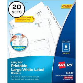 Avery Big Tab Printable Large White Label Dividers with Easy Peel, 8 Tabs, 20 Sets (14441)