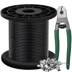 Wire Rope 304 Stainless Steel Wire Cable with Cable Cutter, Black Vinyl Coated, 1/16 Inch OD to 3/32 Inch 600FT with 180Pcs Crimping Sleeves, Outdoor Light Guide Wire, Suitable for Clotheslines
