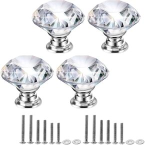 Mtsooning 4PCS Diamond Glass Knob, 30mm/1.18" Clear Crystal Pull with 3 Size Screws for Closet Cabinet Drawer Dresser Kitchen Wardrobe Handles